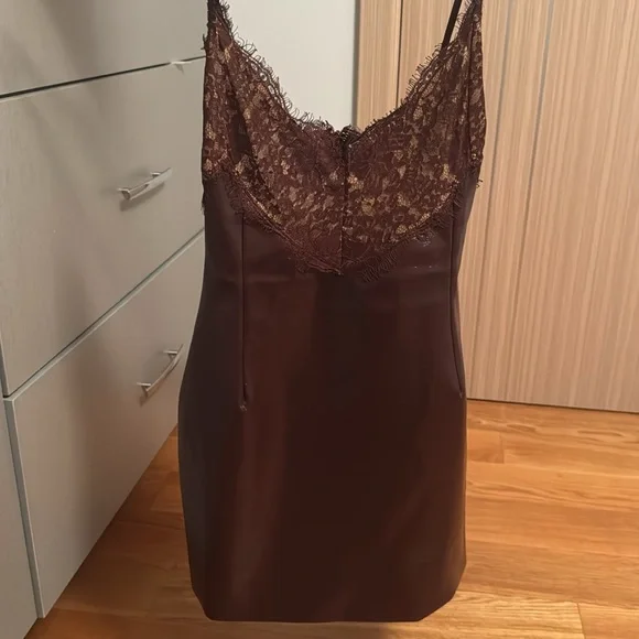 Miss circle Shelby Dark Brown Vegan Leather with Lace Mini Dress - Picture 3 of 4